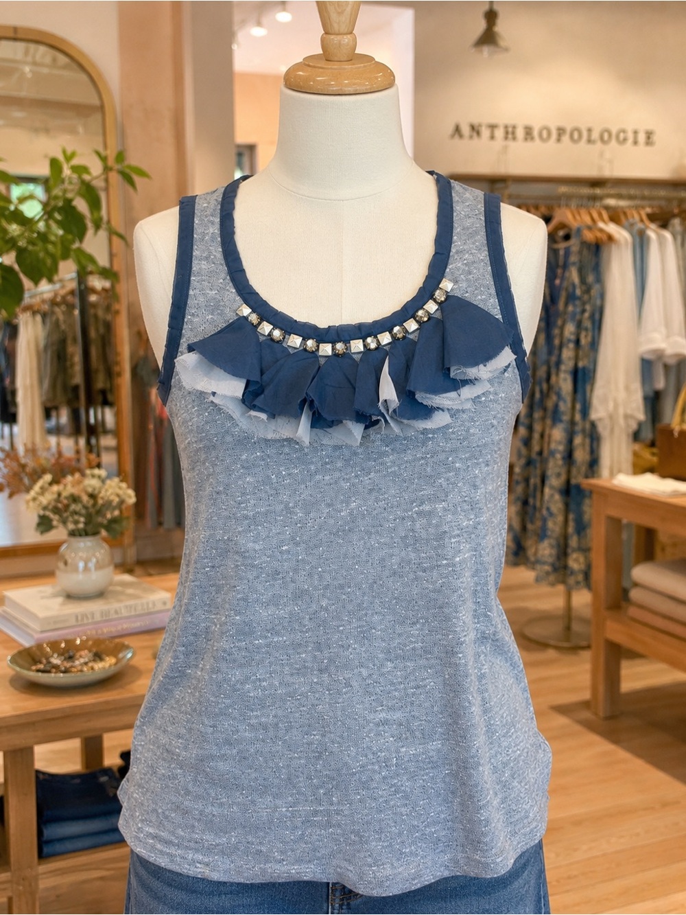 Anthropologie Embellished Ruffle Tank Top Blue Gray Large NWT